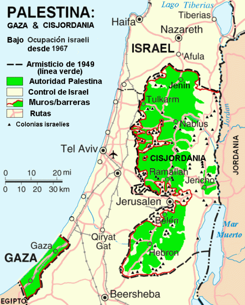 Mapa territorios Palestinos con colonias de Israel